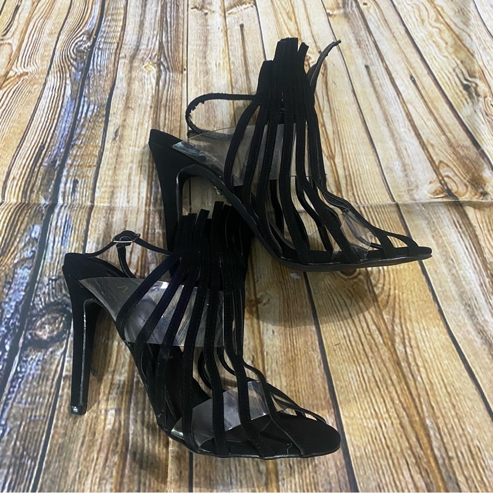 NEW Mackin J Black Leather Caged 4 1/2” Stiletto Slingback Heels - Picture 3 of 5